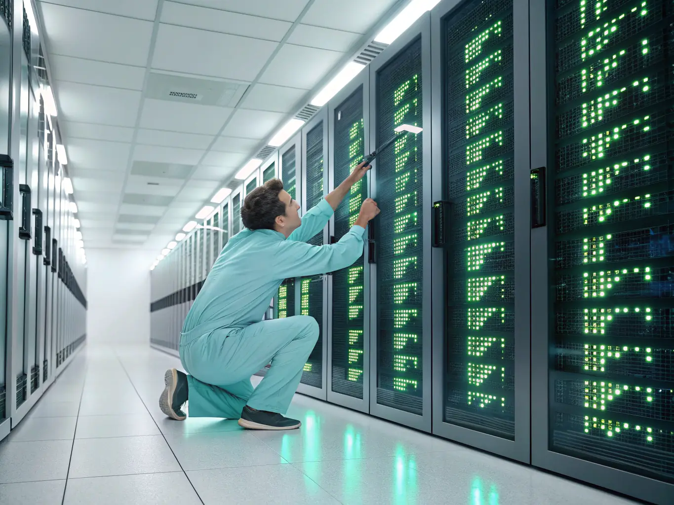 A technician is working on a server rack in a data center, with digital overlays showing farm management software interfaces and forestry monitoring tools, symbolizing La Casa Cortez's IT solutions.
