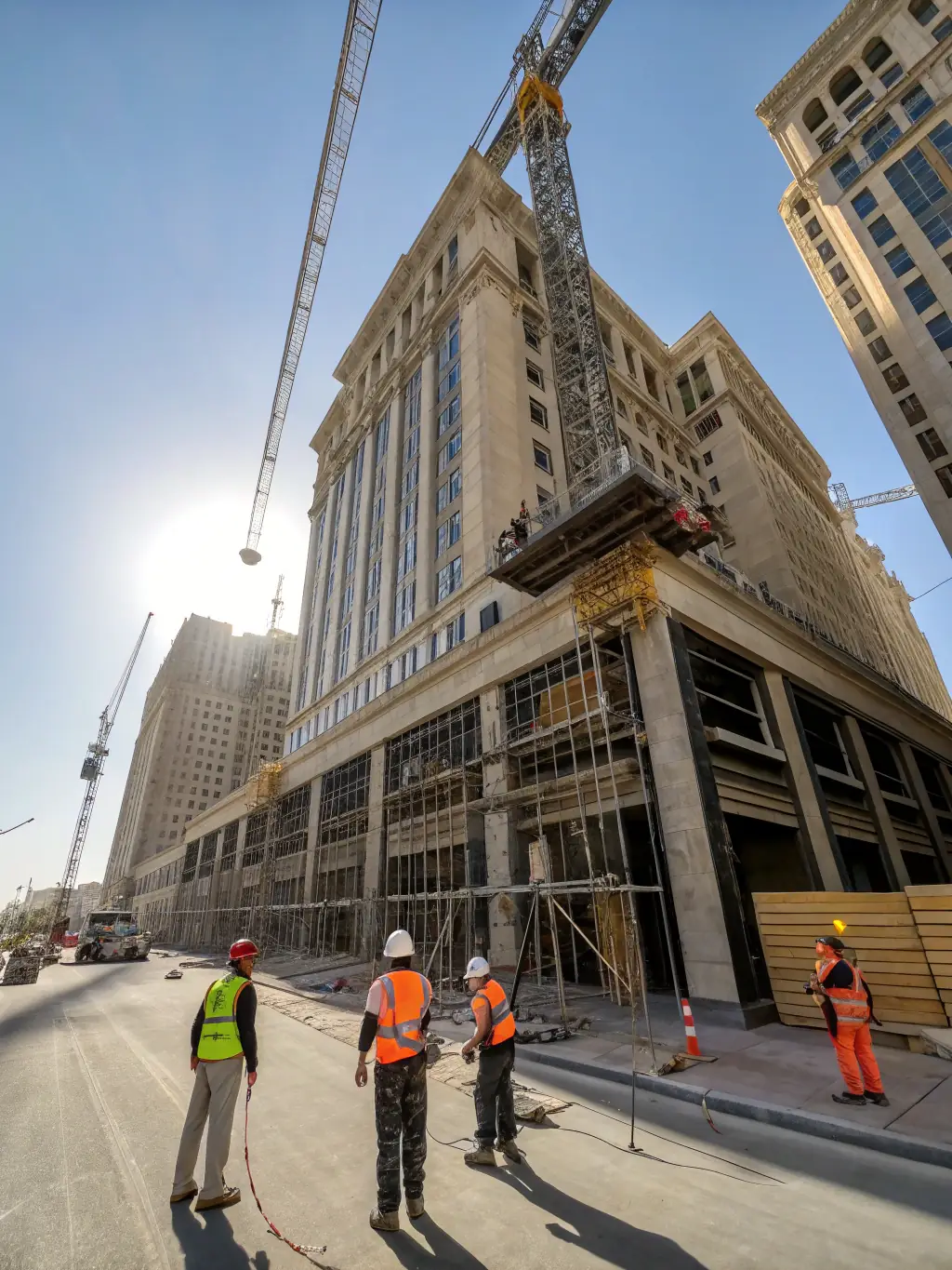 A modern construction site with La Casa Cortez's team overseeing the building of a sustainable commercial structure.