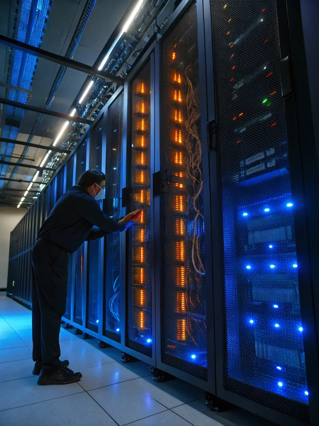 A professional IT technician working diligently on a server rack, ensuring optimal performance and security for La Casa Cortez's clients.