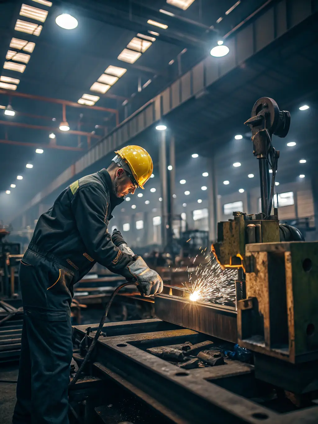 Skilled workers operating advanced machinery in La Casa Cortez's manufacturing facility, producing high-quality tools and apparel.