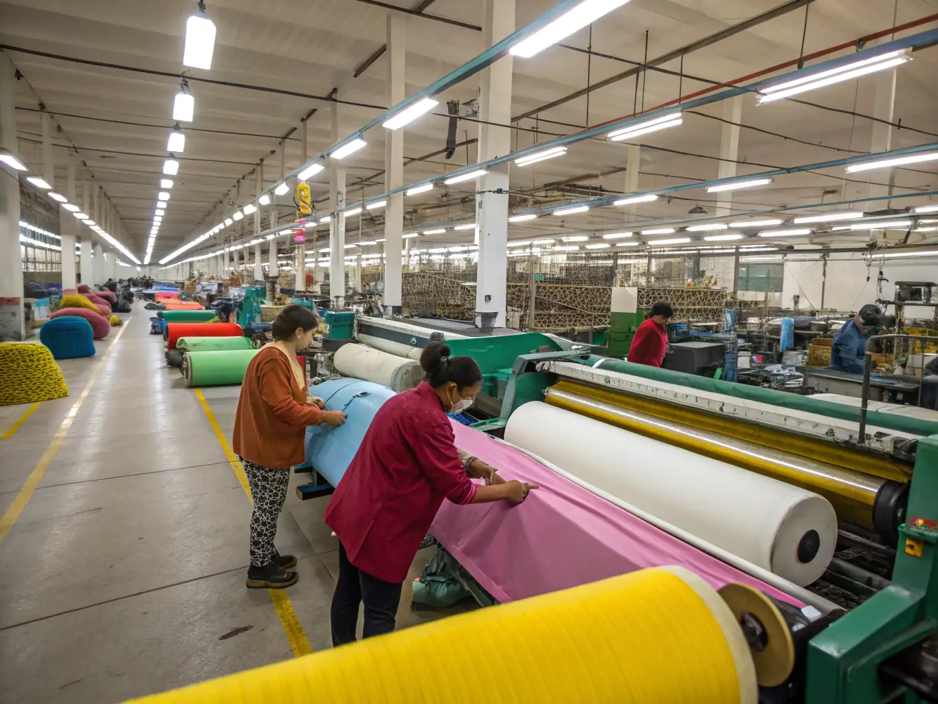 A dynamic image showcasing La Casa Cortez's apparel manufacturing facility, with workers operating advanced machinery to produce high-quality clothing items.