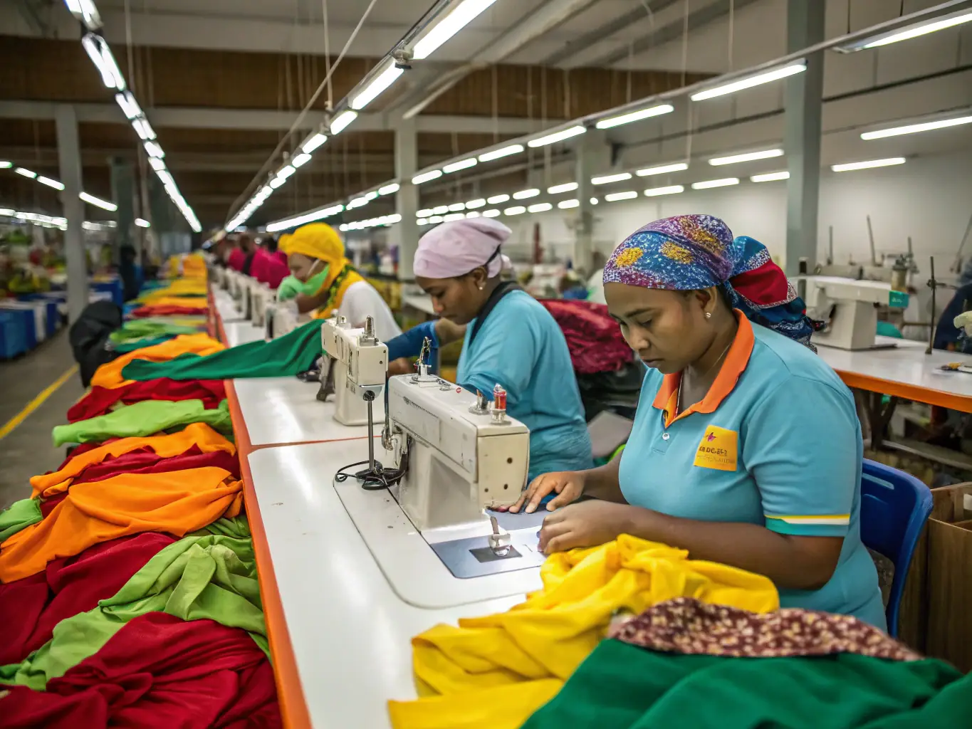 Manufacturing equipment with workers assembling tools and apparel in a factory setting, showcasing La Casa Cortez's manufacturing and tool production capabilities.