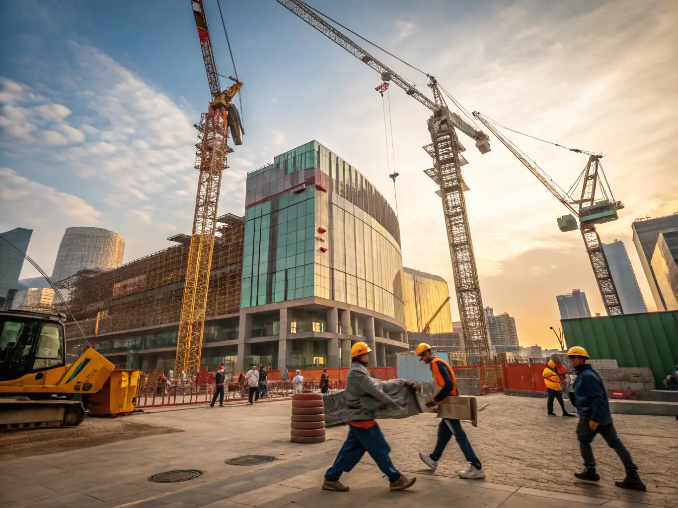 A vibrant construction site featuring La Casa Cortez's team overseeing the building of a modern commercial structure, emphasizing their expertise in construction services.