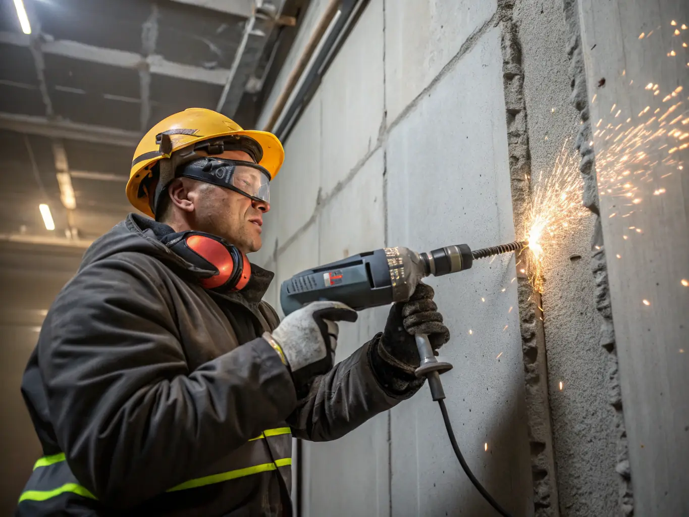 A close-up shot of a construction worker using advanced machinery to ensure precise measurements and cuts on a building material. The focus is on the technology and precision involved in the construction process.