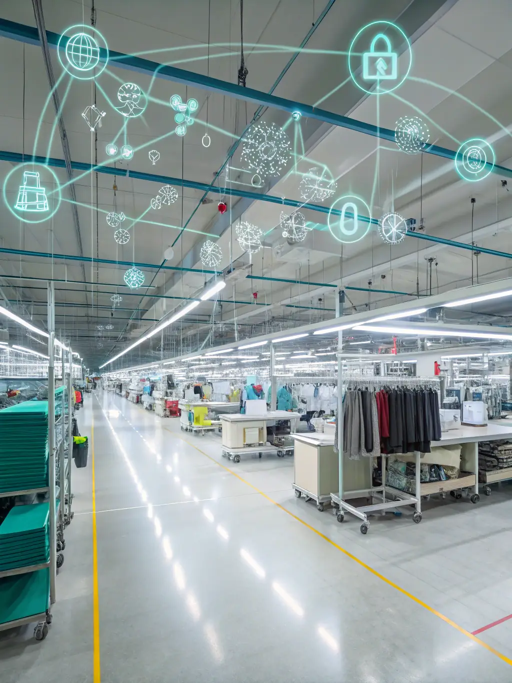 A manufacturing plant with automated machinery producing apparel, highlighting La Casa Cortez's support for the manufacturing industry.