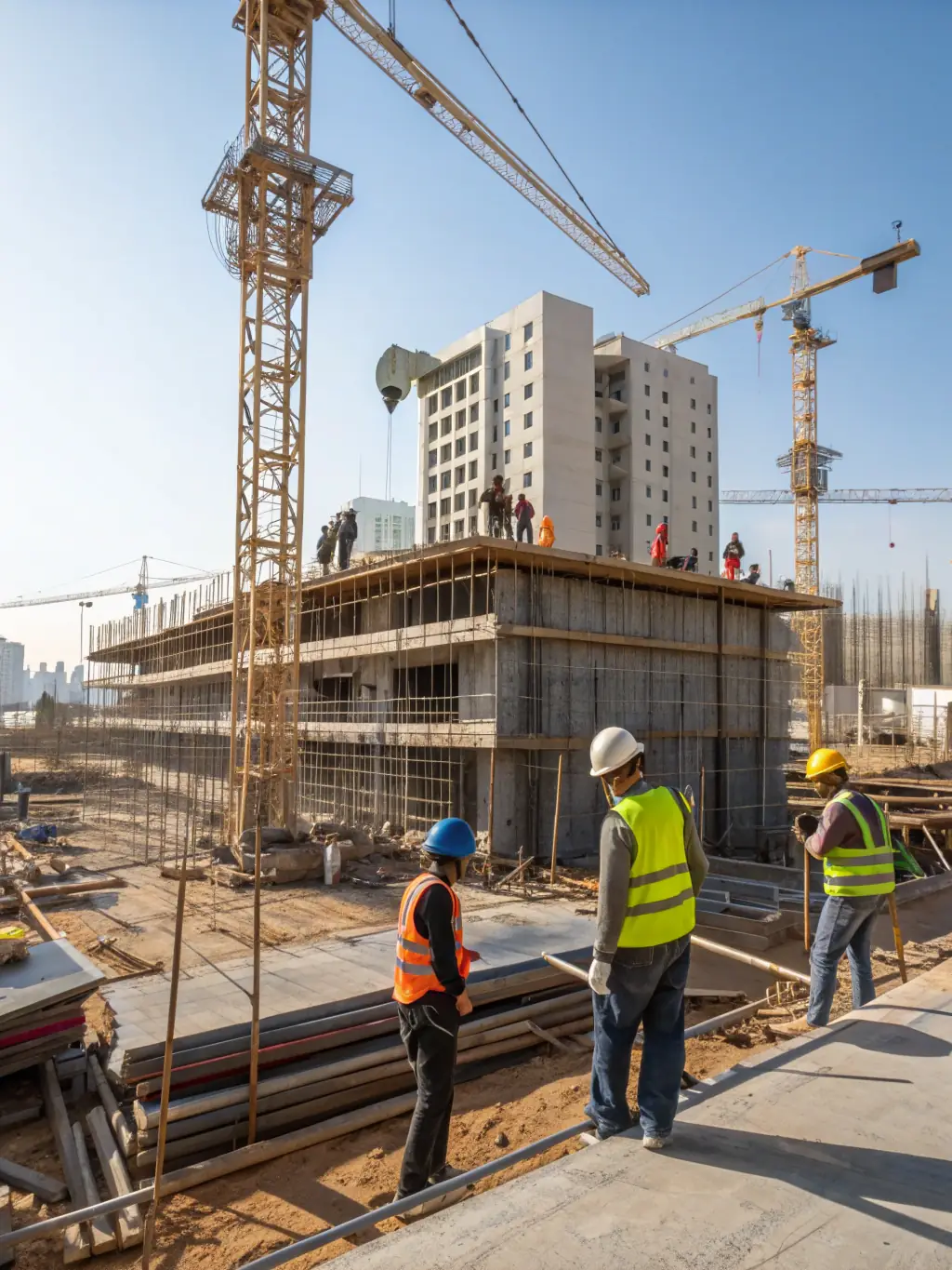A construction site with workers building a commercial building, showcasing La Casa Cortez's expertise in construction projects.