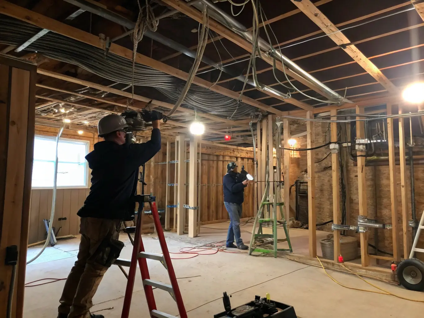 An interior shot of a school gymnasium under construction, focusing on the installation of the flooring and the acoustic panels on the walls. Construction workers are visible, ensuring precise installation.