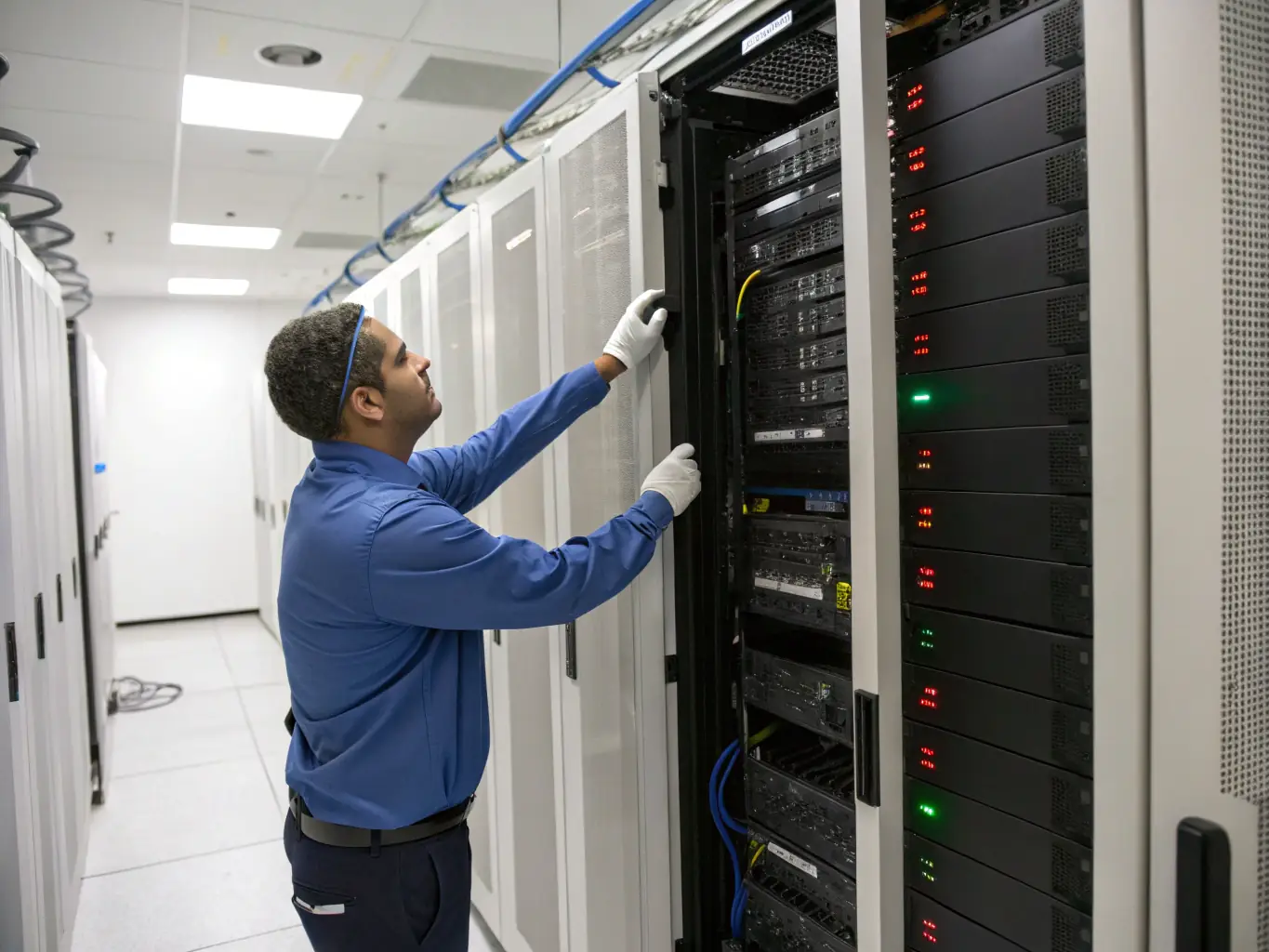 A professional IT technician is shown troubleshooting a server in a modern data center, highlighting La Casa Cortez's expertise in remediation services.