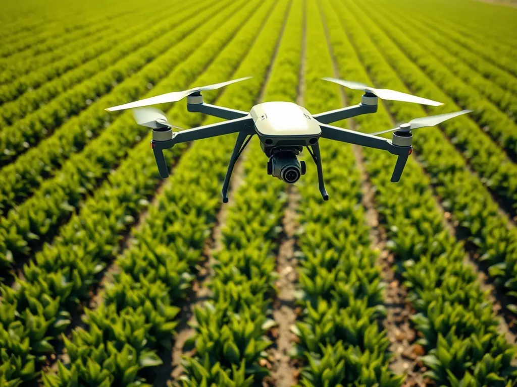 A drone is shown flying over a vast agricultural field, capturing data for farm management, illustrating La Casa Cortez's innovative approach to agricultural technology.