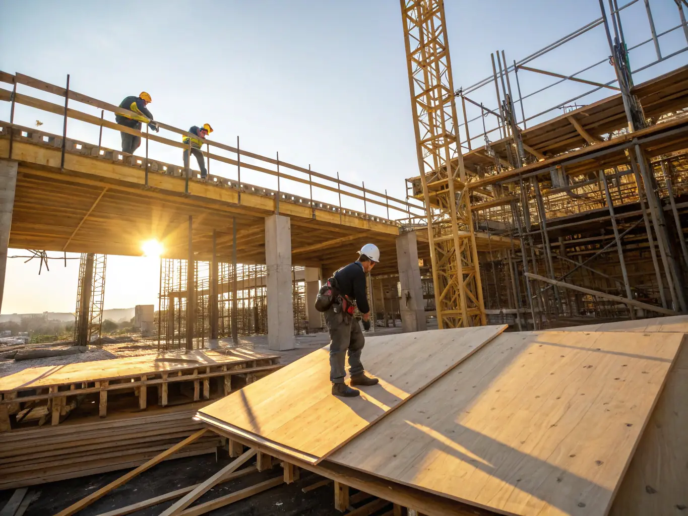 A high-angle shot of a commercial building under construction, showcasing the steel framework and the activity of construction workers in safety gear. The sky is clear, indicating good weather conditions for construction.